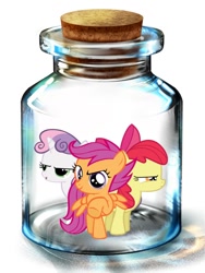 Size: 600x800 | Tagged: artist needed, safe, apple bloom, scootaloo, sweetie belle, earth pony, pegasus, pony, unicorn, bottle, cutie mark crusaders, female, filly, pony in a bottle