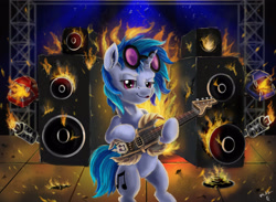 Size: 3685x2700 | Tagged: safe, artist:vittorionobile, dj pon-3, vinyl scratch, pony, bipedal, fire, glasses, guitar, solo, speakers, stage