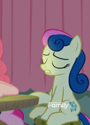 Size: 555x768 | Tagged: safe, screencap, bon bon, pinkie pie, sweetie drops, earth pony, pony, the maud couple, candle, discovery family logo, faic, female, lip bite, not what it looks like, out of context, table