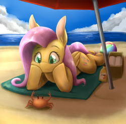 Size: 1669x1643 | Tagged: safe, artist:otakuap, fluttershy, crab, pegasus, pony, beach, beach ball, big ears, book, cloud, female, mare, sky, solo, towel, umbrella