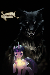 Size: 1024x1536 | Tagged: safe, artist:ciyunhe, derpibooru import, twilight sparkle, twilight sparkle (alicorn), alicorn, pony, wolf, comic:falling into the deep, big bad wolf, dark, night, solo, translation