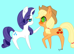 Size: 750x550 | Tagged: safe, artist:mrandoofthewoods, applejack, rarity, earth pony, pony, unicorn, blushing, female, lesbian, looking at each other, rarijack, shipping, simple background