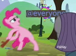 Size: 1472x1080 | Tagged: safe, edit, edited screencap, screencap, maud pie, pinkie pie, earth pony, pony, the maud couple, @everyone, discord (program), discovery family logo, meme, motion blur, paint.net, stick, stick abuse, tree