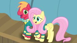 Size: 3840x2160 | Tagged: safe, artist:vogon42, big macintosh, fluttershy, pegasus, pony, female, fluttermac, male, ponytones outfit, shipping, straight