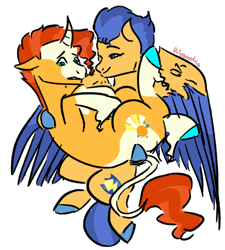 Size: 640x711 | Tagged: safe, artist:lieutenantcactus, flash sentry, sunburst, classical unicorn, pegasus, pony, unicorn, blaze (coat marking), bridal carry, carrying, cloven hooves, flashburst, gay, leonine tail, male, shipping, simple background, socks (coat marking), transparent background, unshorn fetlocks