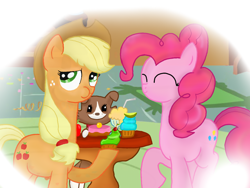 Size: 1200x900 | Tagged: safe, artist:dsfranch, applejack, pinkie pie, winona, earth pony, pony, cupcake, food, long neck