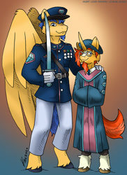 Size: 873x1200 | Tagged: safe, artist:kaemantis, flash sentry, sunburst, anthro, pegasus, pony, unguligrade anthro, unicorn, clothes, flashburst, gay, male, shipping, sword, weapon