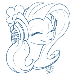 Size: 900x942 | Tagged: safe, artist:tsitra360, fluttershy, pegasus, pony, bust, eyes closed, headphones, monochrome, solo