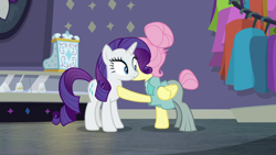 Size: 1280x720 | Tagged: safe, screencap, fluttershy, rarity, pegasus, pony, unicorn, fake it 'til you make it, alternate hairstyle, kiss on the cheek, kissing, la bise, platonic kiss, severeshy, shipping fuel