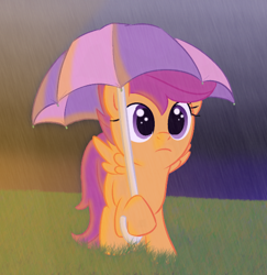 Size: 528x544 | Tagged: safe, artist:tex, scootaloo, pegasus, pony, cute, female, filly, grass, rain, solo, umbrella