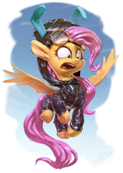 Size: 680x960 | Tagged: safe, artist:assasinmonkey, fluttershy, pegasus, pony, bunny ears, clothes, costume, dangerous mission outfit, female, flying, goggles, hoodie, mare, open mouth, signature, simple background, sky, solo, spread wings, teeth, wings