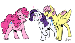 Size: 1749x1020 | Tagged: safe, artist:rwl, fluttershy, pinkie pie, rarity, earth pony, pegasus, pony, unicorn, alternate hairstyle, blushing, female, flaripie, flarity, flutterpie, heart, laughing, lesbian, ot3, pinkie pie gets all the mares, polyamory, raripie, shipping, short mane