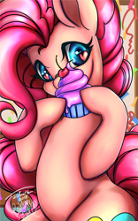 Size: 800x1280 | Tagged: safe, artist:foldeath, artist:rainbowsaliva, pinkie pie, earth pony, pony, collaboration, cherry, confetti, cupcake, female, food, heart eyes, solo, sugarcube corner