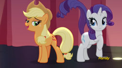 Size: 2560x1440 | Tagged: safe, screencap, applejack, rarity, earth pony, pony, unicorn, fame and misfortune, discovery family logo, flawless, lidded eyes, looking back, stage