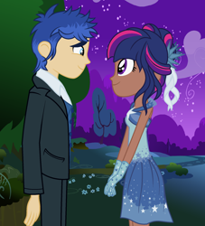 Size: 1700x1872 | Tagged: safe, artist:emmakkkkk, artist:ravenwolf-bases, flash sentry, twilight sparkle, human, equestria girls, alternate hairstyle, base used, bush, clothes, dark skin, dress, female, flashlight, flower, gloves, grass, humanized, male, night, shipping, stars, straight, suit, tree, tuxedo