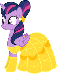 Size: 1479x1911 | Tagged: safe, artist:cloudyglow, derpibooru import, twilight sparkle, twilight sparkle (alicorn), alicorn, pony, alternate hairstyle, beauty and the beast, belle, clothes, clothes swap, cosplay, costume, disney, dress, female, folded wings, implied straight, mare, simple background, solo, transparent background, vector