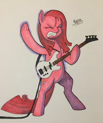 Size: 3024x3600 | Tagged: safe, artist:hypno, pinkie pie, earth pony, pony, bass guitar, bipedal, guitar, metal as fuck, musical instrument, pinkamena diane pie, solo, traditional art