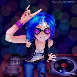 Size: 1200x1200 | Tagged: safe, artist:aikascupcake, dj pon-3, vinyl scratch, human, armpits, devil horn (gesture), horned humanization, humanized, magic, nail polish, records, solo