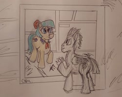 Size: 1730x1373 | Tagged: safe, artist:rapidsnap, coco pommel, flash sentry, cocosentry, crossover, female, male, shipping, song reference, straight, take on me, traditional art