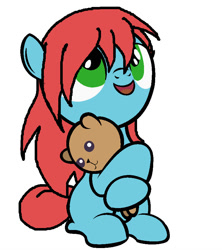 Size: 800x900 | Tagged: safe, artist:dreadful-etiquette, artist:iamadinosaurrarrr, artist:larrykitty, oc, oc only, oc:ruby soul, earth pony, pony, base used, cute, female, filly, hug, looking up, offspring, open mouth, parent:oc:steel soul, parent:oc:swift gale, parents:oc x oc, simple background, sitting, smiling, solo, teddy bear, white background