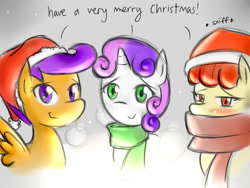 Size: 800x600 | Tagged: safe, artist:starykrow, apple bloom, scootaloo, sweetie belle, ask the cmc, clothes, cutie mark crusaders, hat, santa hat, scarf, tumblr