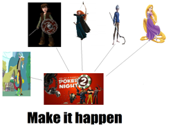 Size: 1188x890 | Tagged: safe, discord, barely pony related, brave, disney princess, exploitable meme, hiccup horrendous the third, how to train your dragon, jack frost, make it happen, merida, meta, poker night at the inventory, rapunzel, rise of the brave tangled dragons, rise of the guardians, tangled (disney)