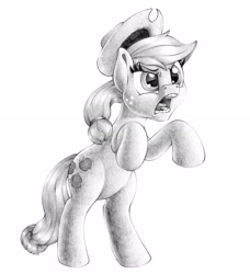 Size: 2248x2460 | Tagged: safe, artist:stallionslaughter, applejack, earth pony, pony, female, mare, monochrome, rearing, screaming, solo, traditional art