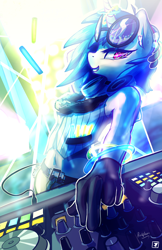 Size: 6600x10200 | Tagged: safe, artist:darkflame75, dj pon-3, vinyl scratch, anthro, clothes, female, gloves, glow rings, glowstick, headphones, midriff, solo, turntable, vest