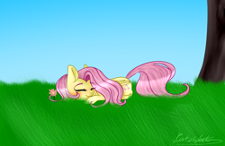 Size: 2000x1300 | Tagged: safe, artist:katzishiki, fluttershy, pegasus, pony, cute, prone, shyabetes, sleeping, solo