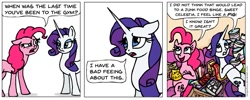 Size: 937x374 | Tagged: safe, artist:gingerfoxy, pinkie pie, rarity, earth pony, pony, unicorn, pony comic generator, candy, comic, food, grammar error, junk food