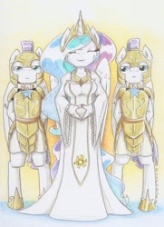 Size: 1038x1436 | Tagged: safe, artist:ravenpuff, princess celestia, anthro, unguligrade anthro, clothes, dress, finger hooves, royal guard, traditional art, yoni