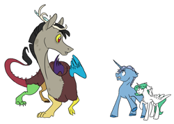 Size: 4977x3552 | Tagged: safe, artist:phobicalbino, discord, princess celestia, star swirl the bearded, alicorn, draconequus, pony, unicorn, cewestia, colt, colt starswirl, curious, defensive, female, filly, foal, green-mane celestia, male, raised hoof, simple background, trio, white background, young discord, younger