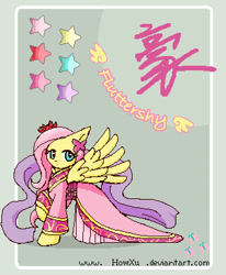 Size: 331x402 | Tagged: safe, artist:howxu, fluttershy, pegasus, pony, clothes, female, kimono (clothing), mare, pixel art