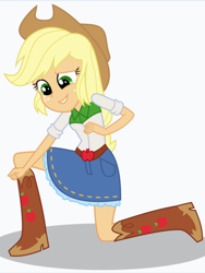 Size: 1536x2048 | Tagged: safe, artist:limedazzle, applejack, equestria girls, apple, belt, boots, clothes, cowboy boots, cowboy hat, denim skirt, food, freckles, hat, scared, shoes, simple background, skirt, solo, stetson, white background