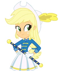 Size: 816x978 | Tagged: safe, artist:haleyc4629, artist:mewtwo-ex, applejack, equestria girls, friendship games, adorable face, base used, baton, beautiful, beautiful eyes, beautiful hair, cheerleader, cheerleader outfit, clothes, cowboy hat, cowgirl, cute, drum major, eyelashes, feather, feather hat, freckles, gloves, green eyes, hands on hip, hat, jackabetes, pleated skirt, skirt, smiling, solo, stetson, uniform, woman, yellow hair