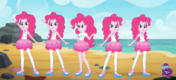 Size: 2304x1053 | Tagged: safe, pinkie pie, equestria girls, equestria girls series, beach, eqg promo pose set, equestria girls logo, fashion photo booth, geode of sugar bombs, multeity, my little pony logo, one of these things is not like the others, too much pink energy is dangerous