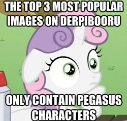 Size: 498x477 | Tagged: safe, edit, edited screencap, screencap, sweetie belle, pony, unicorn, ponyville confidential, derpibooru, female, filly, horn, image macro, meme, meta, solo, sudden clarity sweetie belle, text, two toned mane, white coat, wide eyes