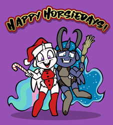 Size: 1000x1105 | Tagged: safe, artist:toonbat, princess celestia, princess luna, anthro, birch, candy, candy cane, christmas, clothes, costume, female, food, holiday, horns, krampus, pun, royal sisters, santa costume, swimsuit