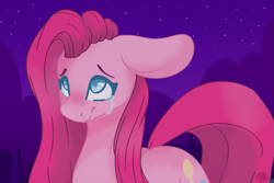 Size: 1023x685 | Tagged: safe, artist:immagoddampony, artist:ponycat-artist, pinkie pie, earth pony, pony, collaboration, big ears, crying, digital art, female, floppy ears, looking up, mare, pinkamena diane pie, sad, teary eyes