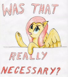 Size: 2413x2733 | Tagged: safe, artist:40kponyguy, derpibooru exclusive, fluttershy, pegasus, pony, annoyed, looking at you, reaction image, simple background, solo, traditional art, underhoof, white background