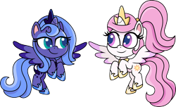 Size: 1500x914 | Tagged: safe, artist:cloudyglow, princess celestia, princess luna, alicorn, pony, my little pony: pony life, cewestia, crown, cute, cutelestia, duo, duo female, eyeshadow, female, filly, flying, foal, jewelry, lidded eyes, looking at each other, lunabetes, makeup, pink-mane celestia, raised hoof, regalia, s1 luna, scrunchie, simple background, smiling, transparent background, woona, young, younger