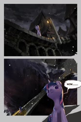 Size: 1024x1536 | Tagged: safe, artist:ciyunhe, derpibooru import, twilight sparkle, comic:falling into the deep, abyss, comic, dark, lamp, night, scenery, solo, translation