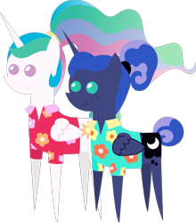 Size: 2093x2377 | Tagged: safe, artist:sketchmcreations, princess celestia, princess luna, alicorn, pony, between dark and dawn, clothes, female, hawaiian shirt, mare, pointy ponies, shirt, simple background, transparent background, vector