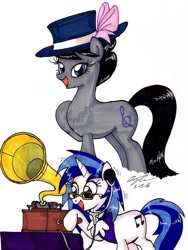 Size: 1326x1759 | Tagged: safe, artist:newyorkx3, dj pon-3, octavia melody, vinyl scratch, earth pony, pony, a hearth's warming tail, phonograph, traditional art, victrola scratch, wax cylinder