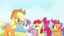 Size: 1920x1080 | Tagged: safe, screencap, apple bloom, applejack, scootaloo, sweetie belle, earth pony, pegasus, pony, unicorn, campfire tales, adorabloom, applejack's hat, cowboy hat, cute, cutealoo, cutie mark crusaders, diasweetes, discovery family logo, female, filly, floral head wreath, flower, flower in hair, freckles, hat, looking at each other, mare, raised hoof