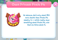 Size: 760x520 | Tagged: safe, idw, pinkie pie, alicorn, spoiler:comic57, 20%, alicornified, game screencap, gameloft, idw showified, pinkiecorn, princess of chaos, race swap, solo, text, xk-class end-of-the-world scenario