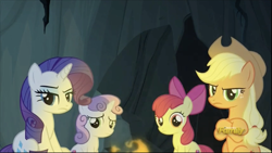 Size: 1320x742 | Tagged: safe, screencap, apple bloom, applejack, rarity, sweetie belle, earth pony, pony, unicorn, campfire tales, discovery family logo, unamused