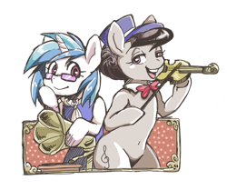 Size: 918x768 | Tagged: safe, artist:hobilo, dj pon-3, octavia melody, vinyl scratch, earth pony, pony, unicorn, a hearth's warming tail, belly button, bow, bowtie, clothes, female, glasses, hat, looking at you, mare, open mouth, phonograph, simple background, smiling, victrola scratch, violin, white background