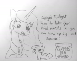 Size: 1809x1440 | Tagged: safe, artist:tjpones, part of a set, princess celestia, twilight sparkle, alicorn, pony, unicorn, black and white, cute, dialogue, female, grayscale, mare, momlestia fuel, monochrome, simple background, sketch, traditional art, twiggie, vitamins, white background