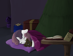 Size: 3300x2550 | Tagged: safe, artist:xenstroke, sweetie belle, pony, unicorn, blanket, christmas, cookie, digital art, female, filly, food, pillow, present, sleeping, solo, teddy bear